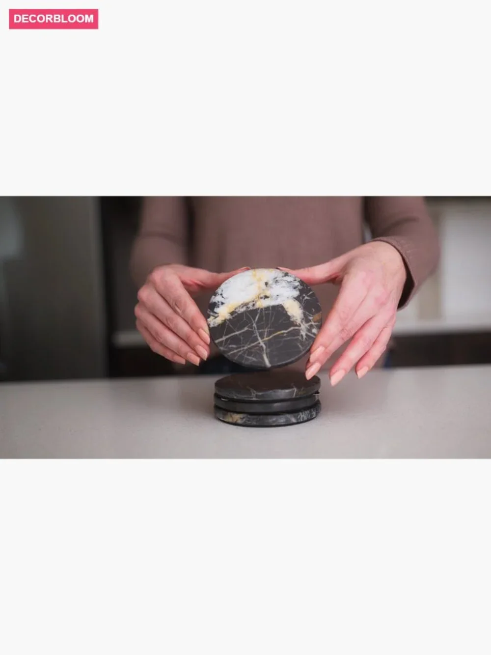 Set of 4 Natural Stone Coasters - Marble Drink Coasters for Kitchen Counter,